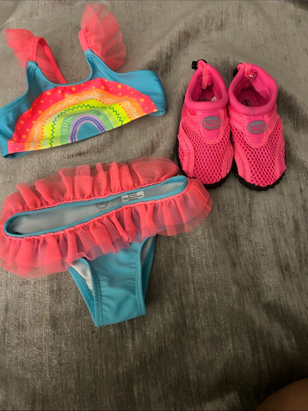 wonder nation Girls Blue & Pink Rainbow Ruffle Bikini with Pink Water Shoes